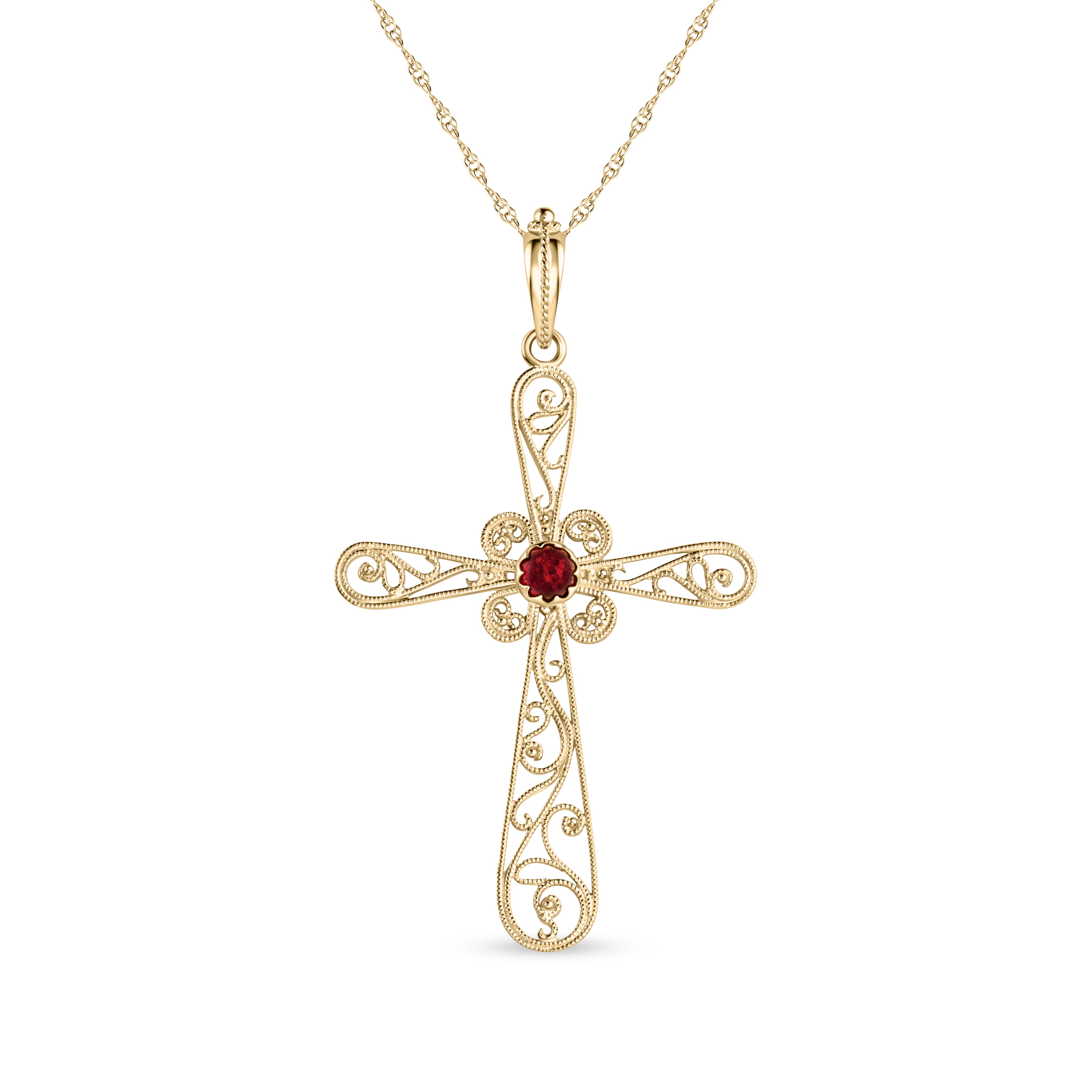 14K Yellow Gold Italian-Made Garnet Cross (1/4 ctw)